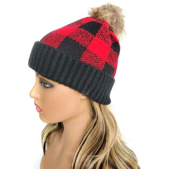 Women Winter Knit Beanie Pom Pom Hat Warm Fur Hats Buffalo Plaid Skull Ski main image 5